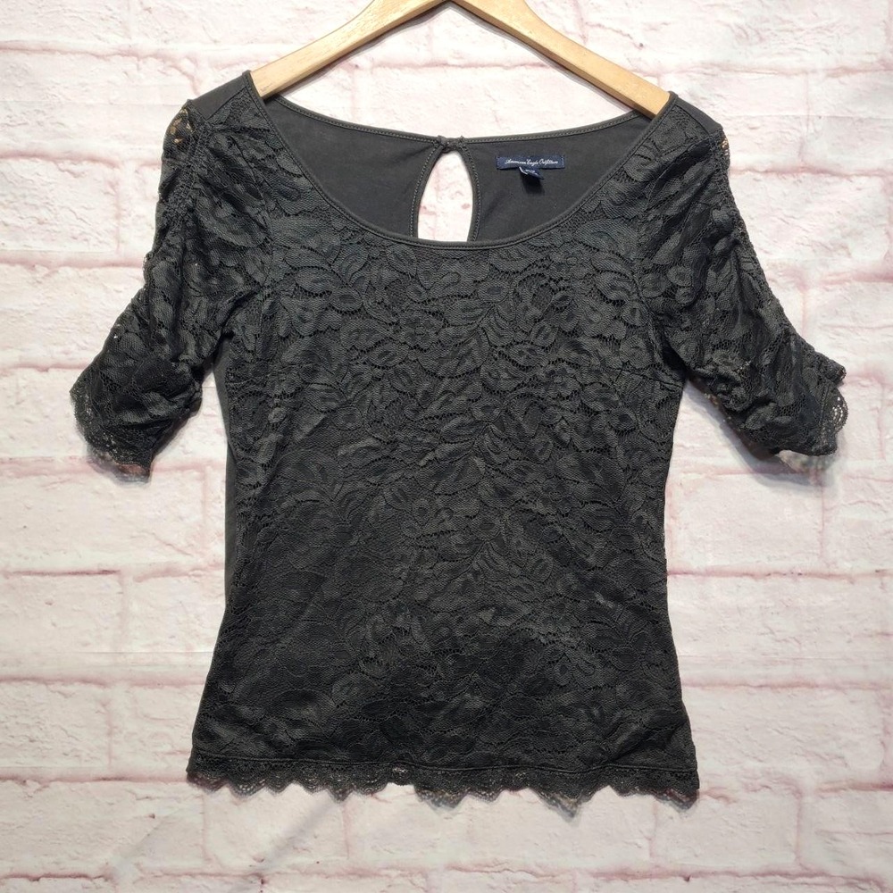 American Eagle Lace Top XS Y2K Style Coquette Balletcore Gothic Gray Sheer Fairy